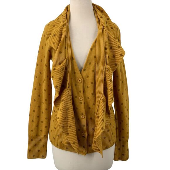 Anthropologie Moth Van Wrinkle Ruffle Neck Yellow Wool Polka Dot Cardigan Size L - Picture 3 of 12
